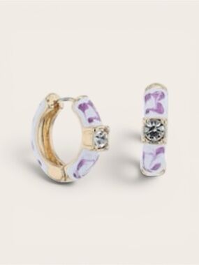 Gold-Tone Lavender Enamel Huggie Hoop Earrings with Clear Crystal Accent